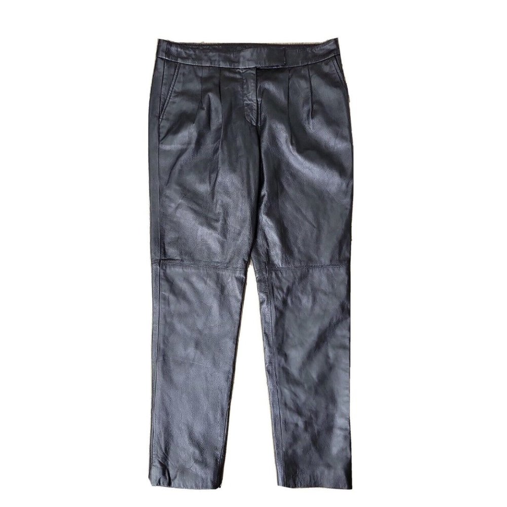 Rachel Zoe Women's 4 Black Lamb Leather Pant Lined Pleated Straight Leg Mid Rise